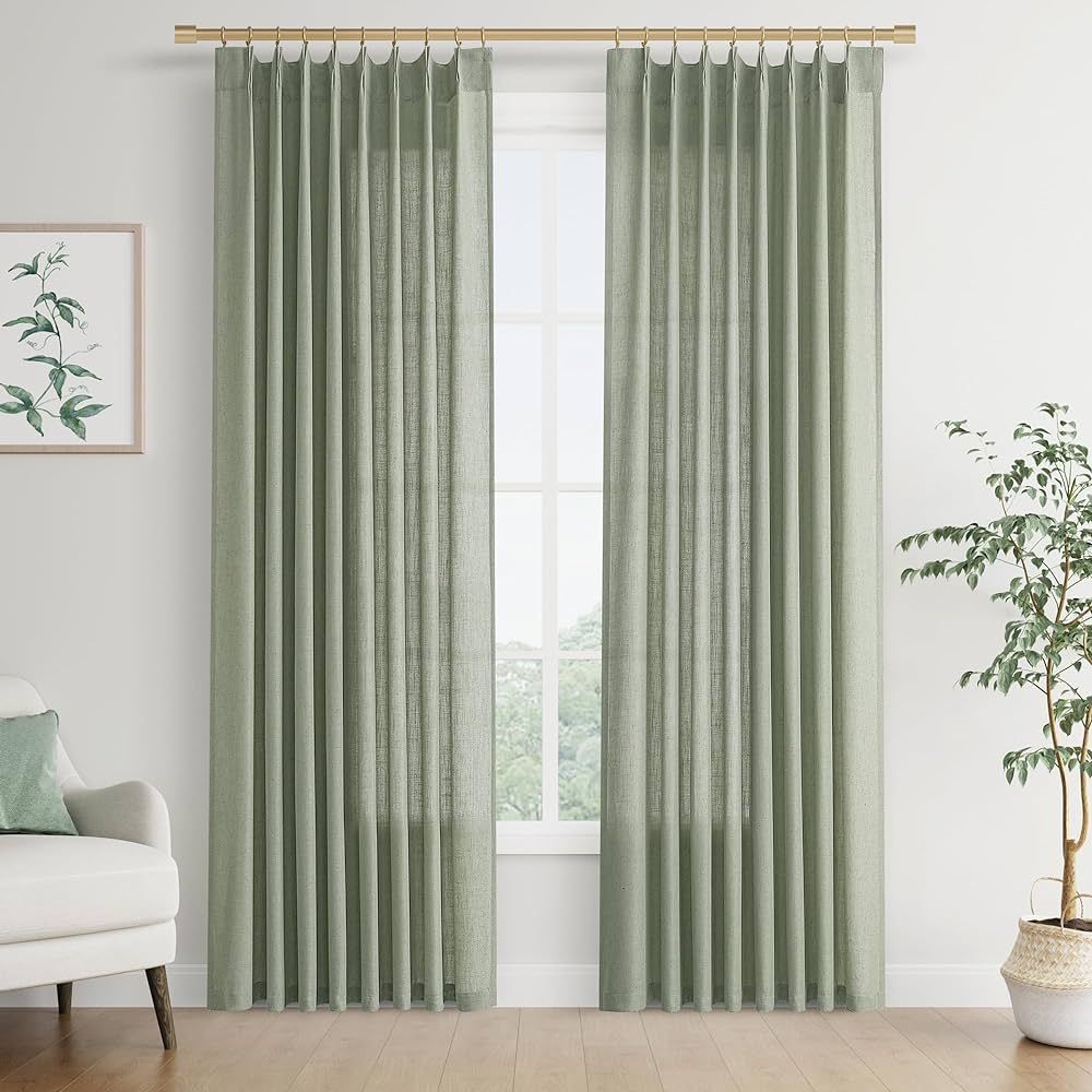 Joywell Sage Green Textured Linen Pinch Pleated Curtains 96 Inches Long,Back Tab Semi Sheer Windo... | Amazon (US)
