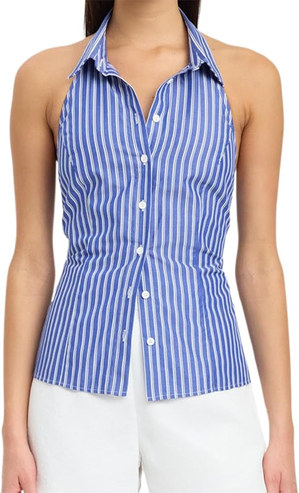 Women Striped Halter Neck Tank Top Tie Backless Button Down Sleeveless Crop Tops Y2K Slim Collare... | Amazon (US)