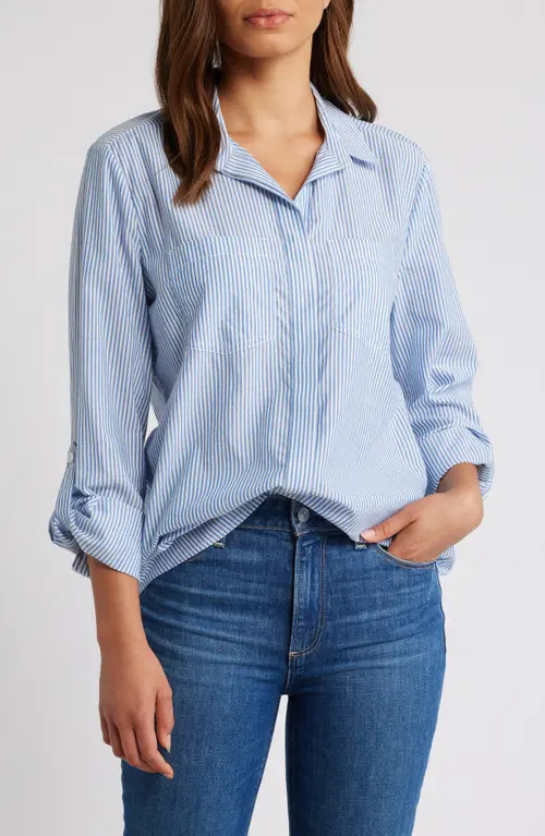 beachlunchlounge Stripe Cotton & Modal Button-Up Shirt in Liberty Blue at Nordstrom, Size Medium | Nordstrom