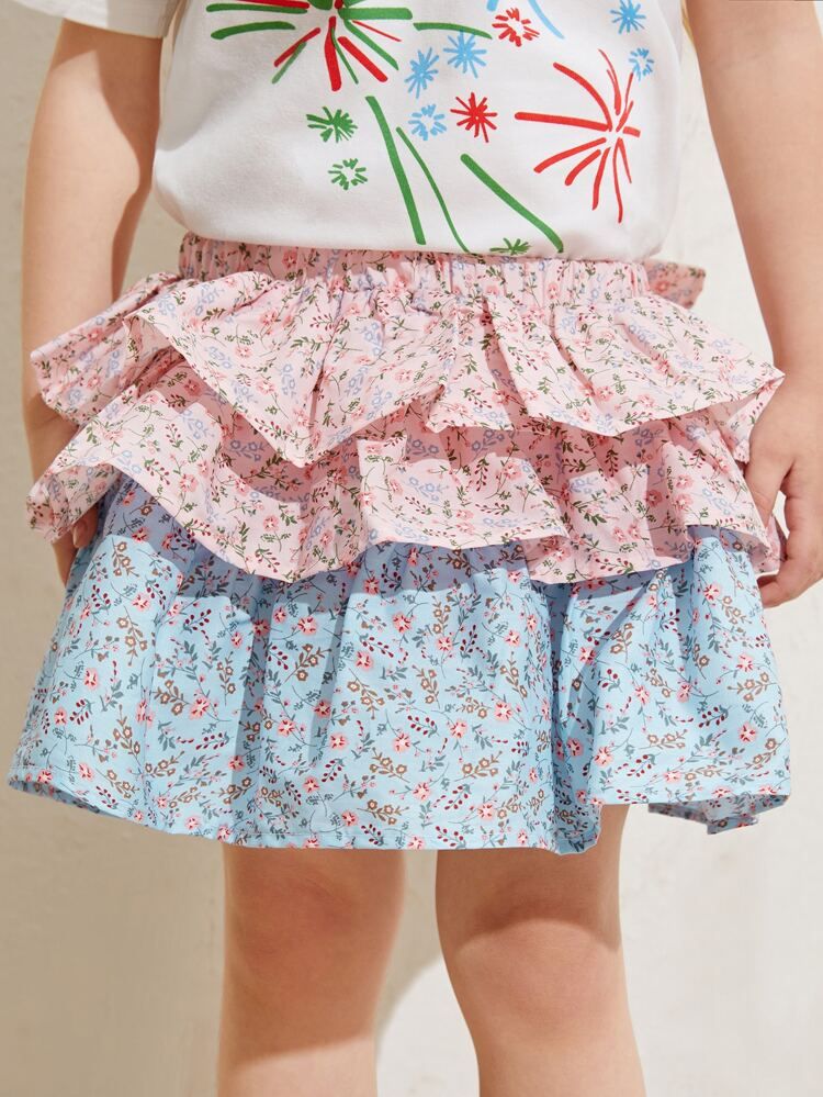SHEIN Toddler Girls Layered Ruffle Hem Ditsy Floral Skirt | SHEIN
