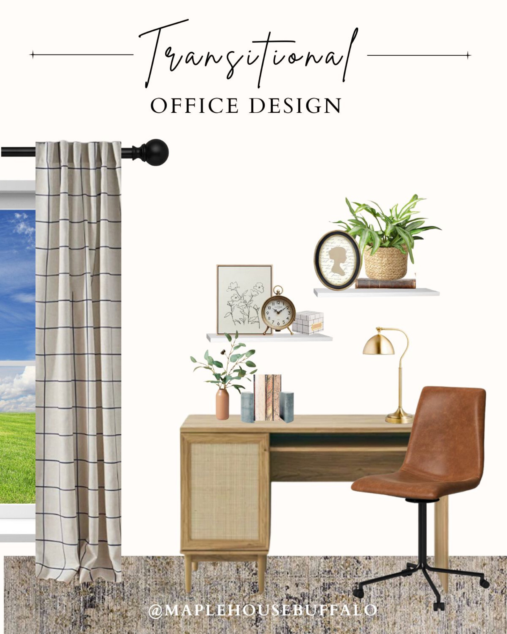 Tap to shop my most recent client design - a transitional (modern | vintage) office space! 
Office design, rattan desk, modern leather desk chair, floating shelves, shelf styling, brass light fixture, desk lamp, bookends, faux florals | greenery | pants, windowpane curtains, vintage black curtain rod, desktop clock, antique oval frame, Jean Stoffer x Loloi rug 

#LTKhome #LTKunder100 #LTKFind