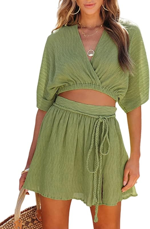 Dokotoo Skirt Sets Women 2 Piece Outfits V Neck Bat Sleeve Crop Top Side Split Skirt Matching Set... | Amazon (US)
