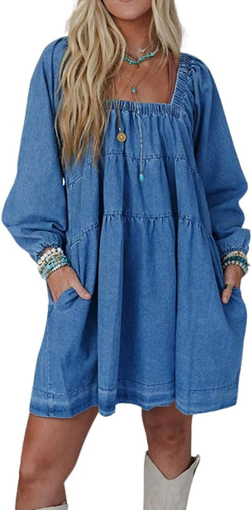 utcoco Women 2025 Trendy Casual Square Neck Denim Dress Tie Back Puff Sleeve Jean Mini Dress with... | Amazon (US)
