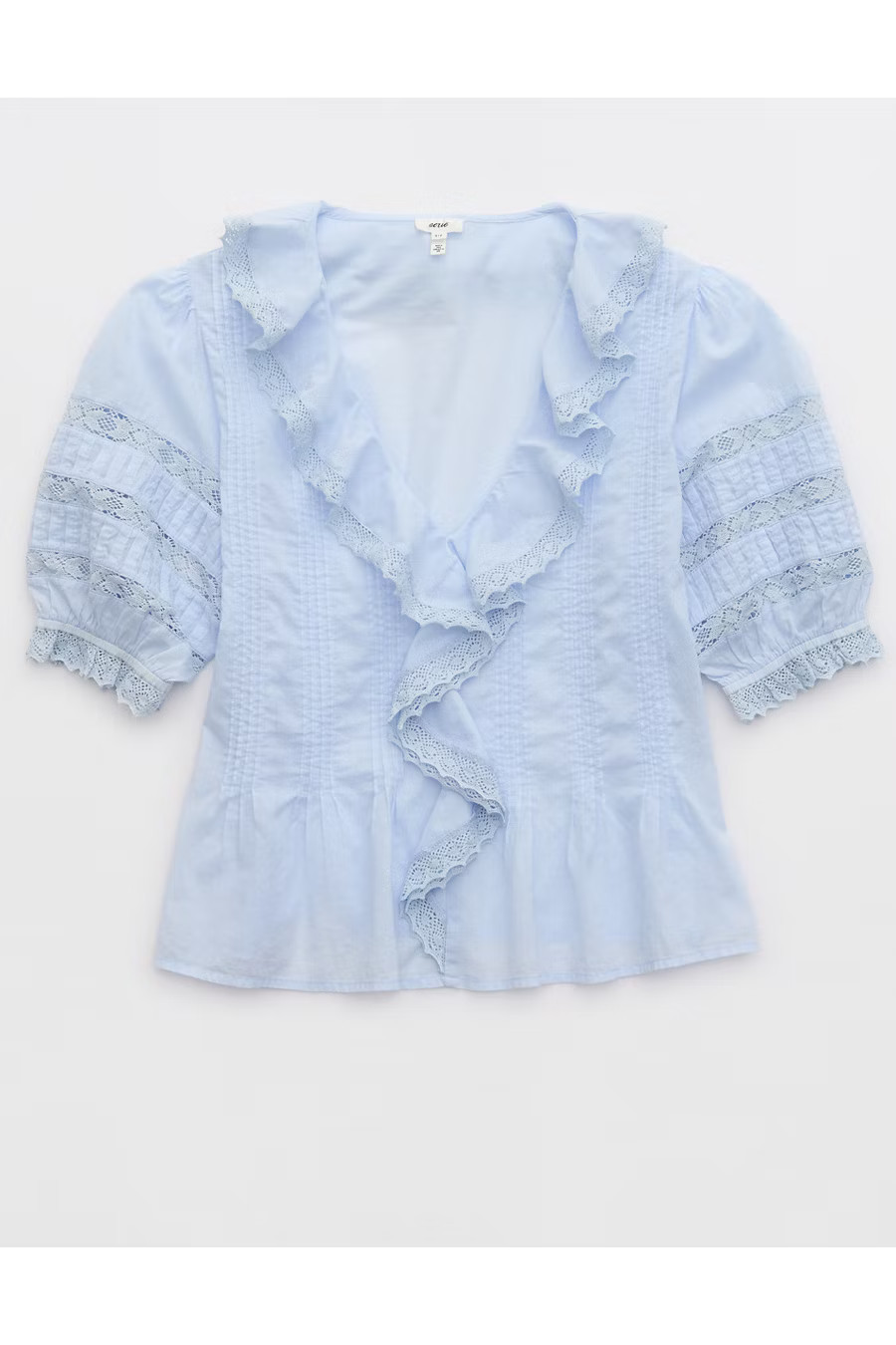 Aerie Short Sleeve Ruffle Blouse Women's Eyelet Blue XXS | American Eagle Outfitters (US & CA)