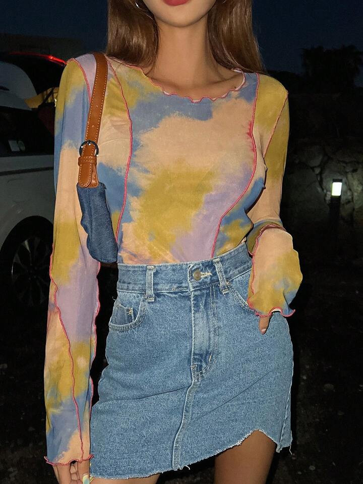 DAZY Tie Dye Top-stitching Lettuce Trim Mesh Top | SHEIN