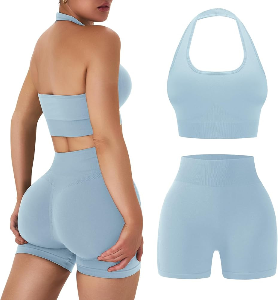 OLCHEE Workout Sets for Women 2 Piece Backless Halter Sports Bra High Waist Booty Shorts Yoga Gym... | Amazon (US)