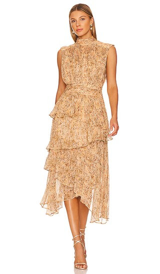 Louise Sleeveless Ruched Midi Dress in Apricot Multi | Revolve Clothing (Global)