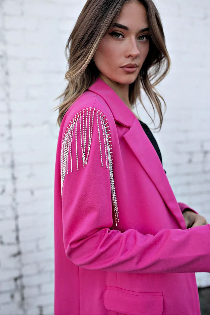 NEW!! The Rhinestone Fringe Shoulder Fuschia Blazer | Glitzy Bella