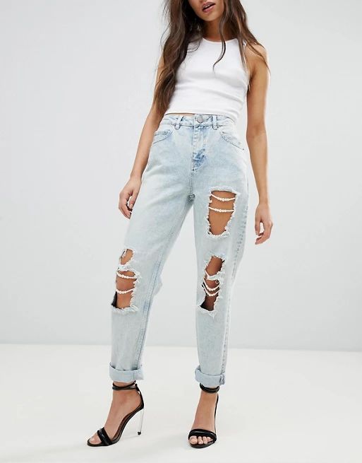 ASOS ORIGINAL MOM Jeans in Pretty Mid Wash with Pearl Detail Rips | ASOS US