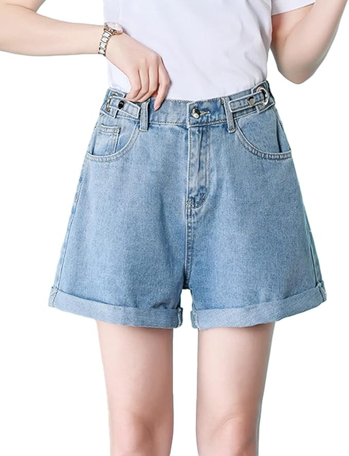 COWOKA Women's Summer Casual Button Adjustable Elastic Waist Denim Loose Wide Leg Rolled Up Short... | Amazon (US)
