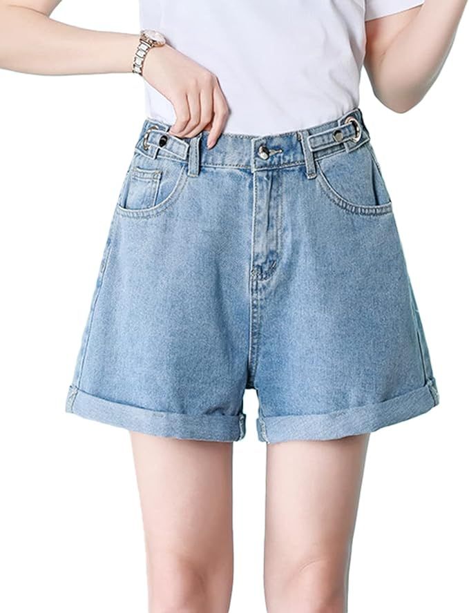 COWOKA Women's Summer Casual Button Adjustable Elastic Waist Denim Loose Wide Leg Rolled Up Short... | Amazon (US)