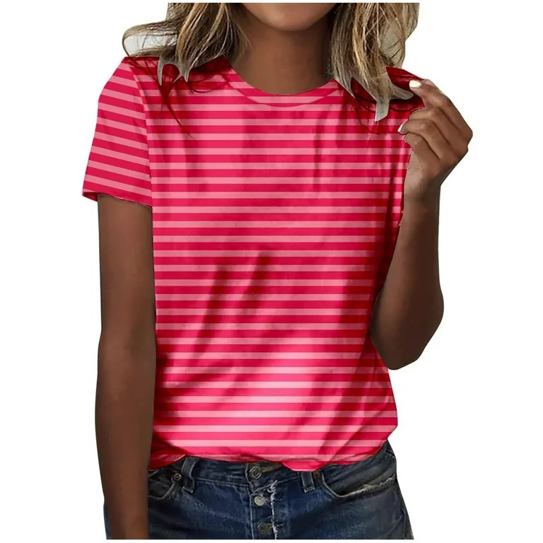 yillto Summer Striped Shirts for Womens Basic Loose Short Sleeve Round Neck Causal Tee Tshirts To... | Walmart (US)
