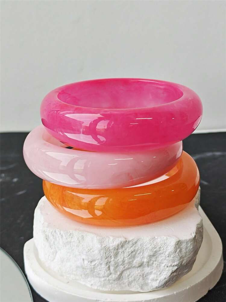 3pcs Set Romantic Pink & Orange Resin Bangle Bracelet, Sweet Romantic Ladies' Summer Holiday Brac... | SHEIN