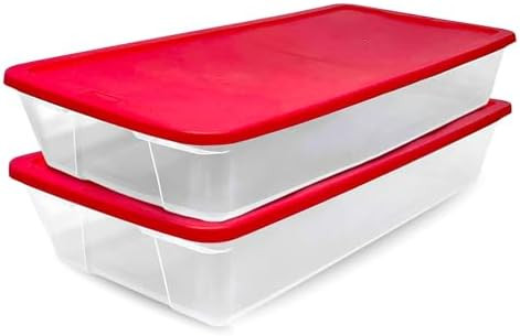 HOMZ 2-Pack Holiday Tote, Clear Plastic Storage Organizer Bins with Lids, 41 Quart, Red - Stackab... | Amazon (US)