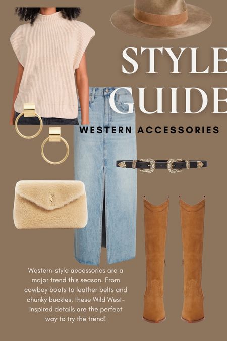 Style guide: Western accessories

Beige sweater, denim midi skirt, gold earrings, black belt, brown boots, and Sherpa purse. 

#LTKtravel #LTKSeasonal #LTKstyletip