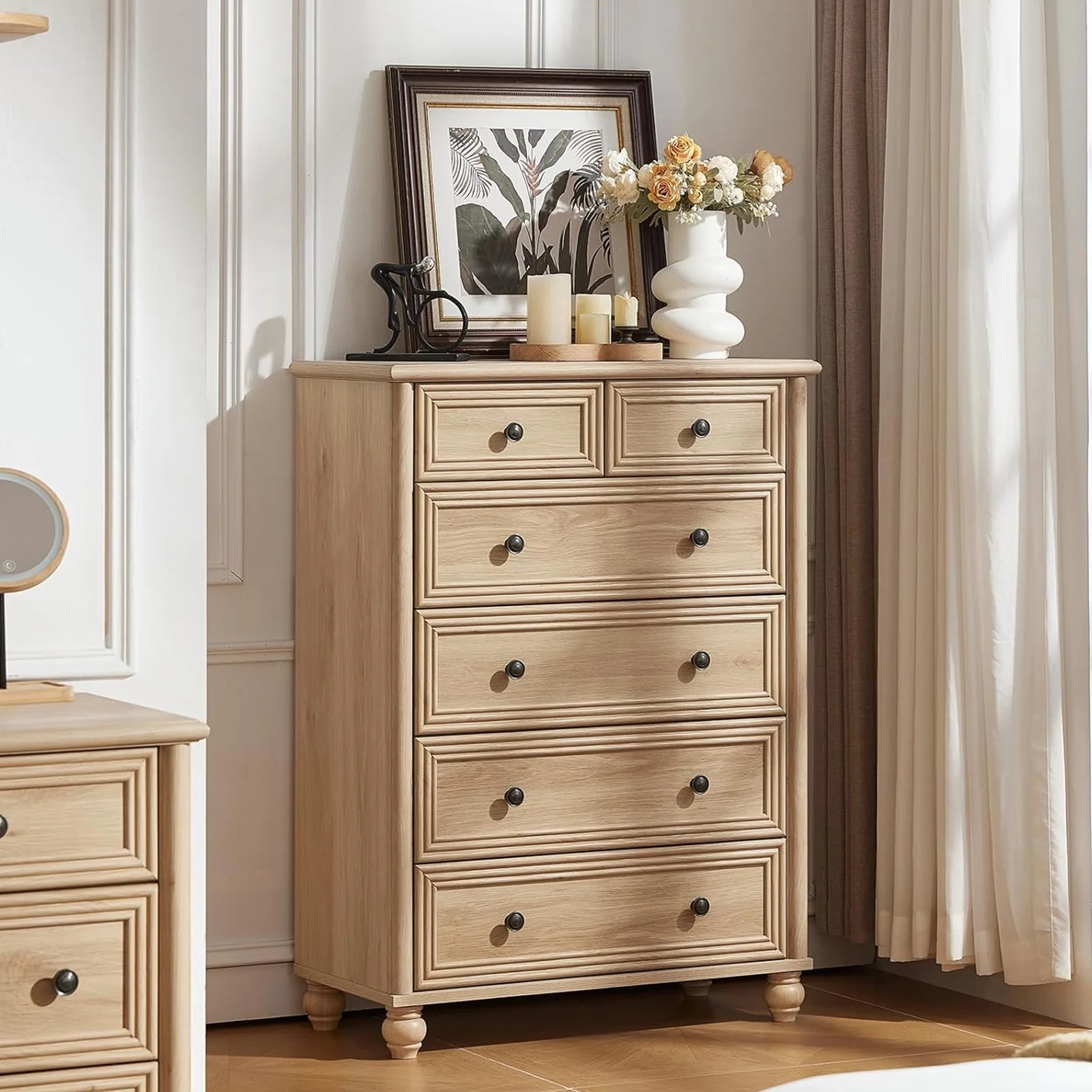LEYAOYAO Farmhouse 6-Drawer Dresser, Natural Chest of Drawers, with Roman Column, Wood Organizer ... | Walmart (US)
