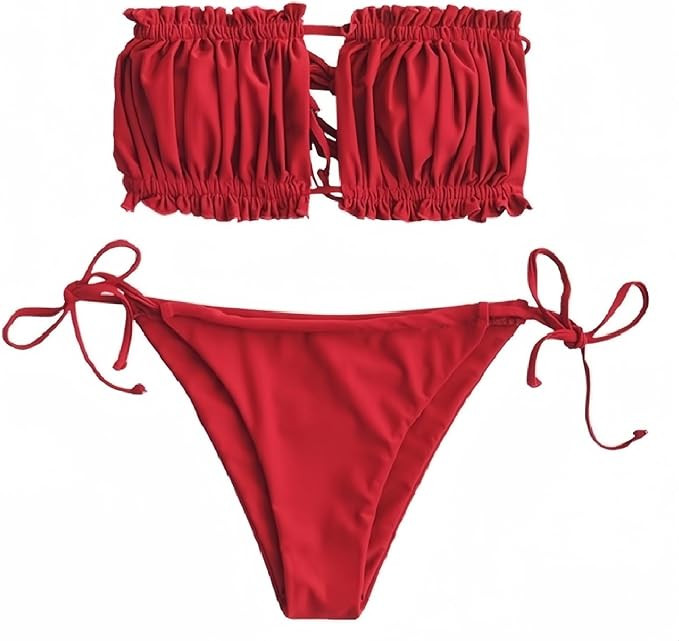 ZAFUL Women 2 Piece Strapless Bikini Swimsuits Ruffle Ribbed Self Tie Bandeau Bikini Set High Cut... | Amazon (US)