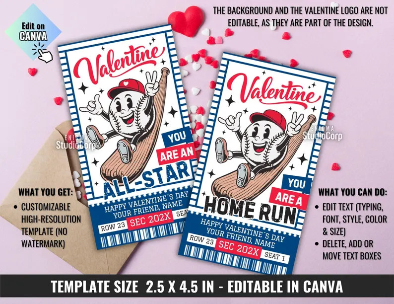 Retro Baseball Valentine Card Kids Classroom Exchange, Printable Baseball Valentine’s Day Schoo... | Etsy (US)