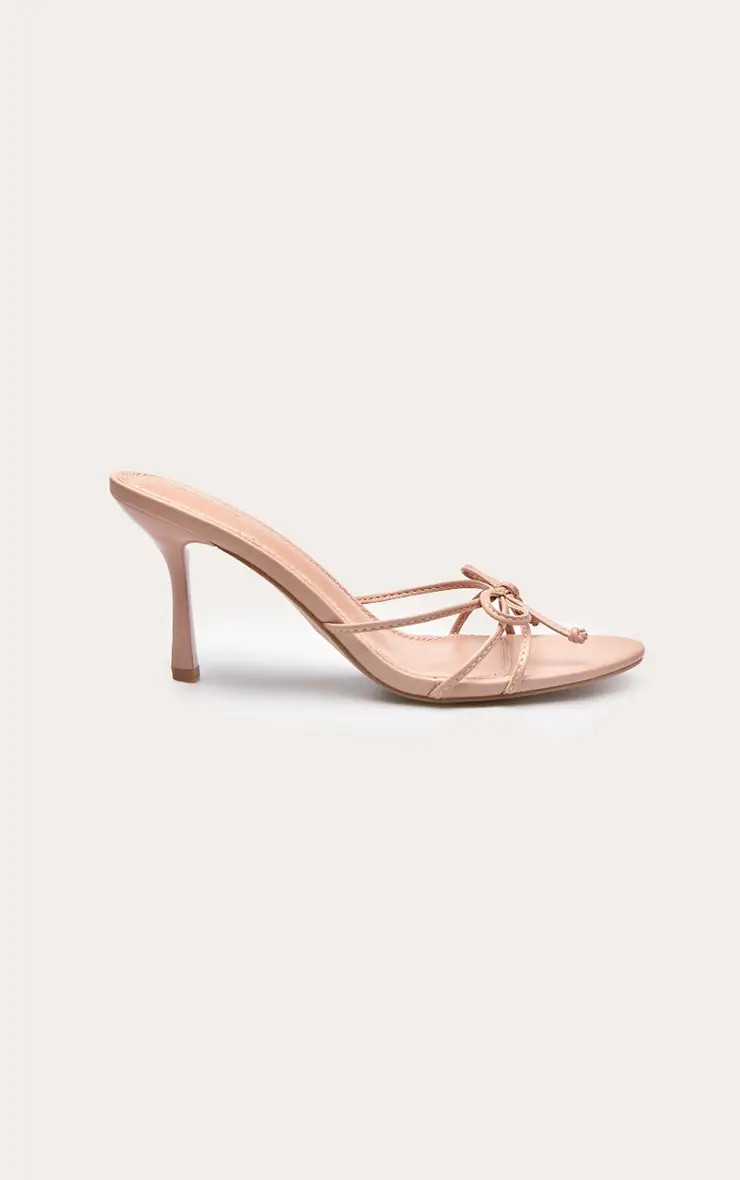 Nude PU Round Toe Bow Detail Mid Stiletto Heeled Mules | PrettyLittleThing UK