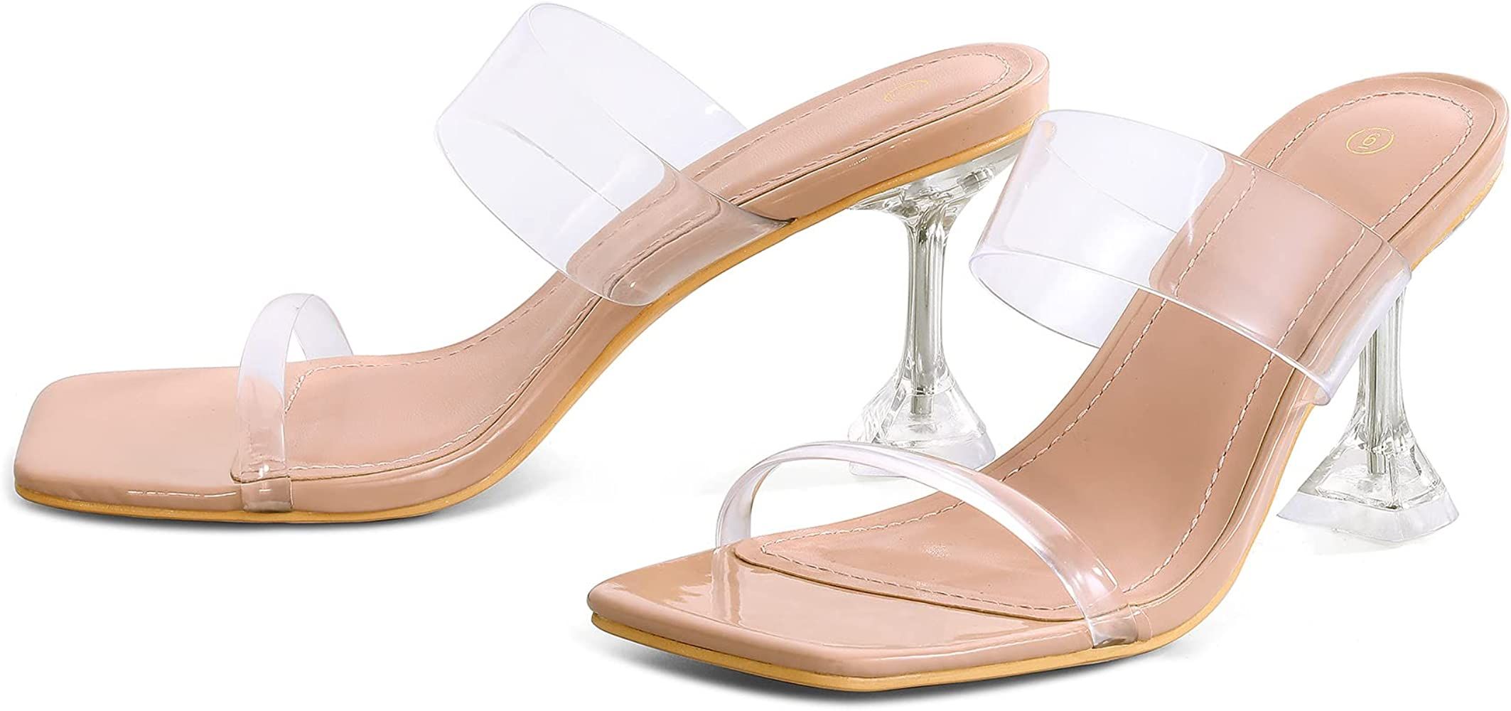 Amazon.com | mysoft Women's Clear Heeled Sandals Square Toe Transparent Stiletto Mules Open Toe S... | Amazon (US)