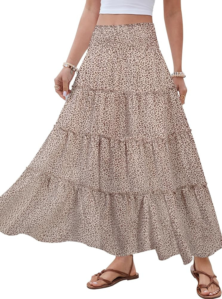 Women Summer Boho Flowy Skirts Maxi Flared Tiered Smocked High Waisted 2026 Spring Casual Work Va... | Amazon (US)