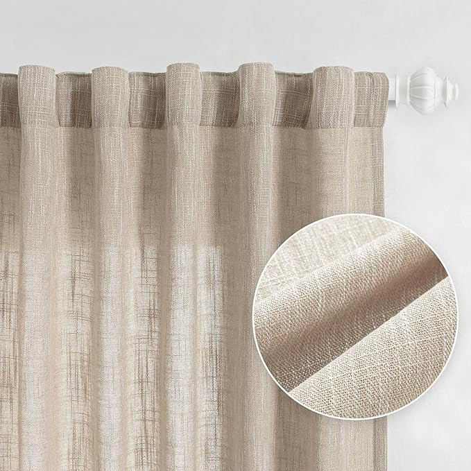 MYSKY HOME Cotton Curtains for Living Room Farmhouse Semi Sheer Light Filtering for Windows, Line... | Amazon (US)