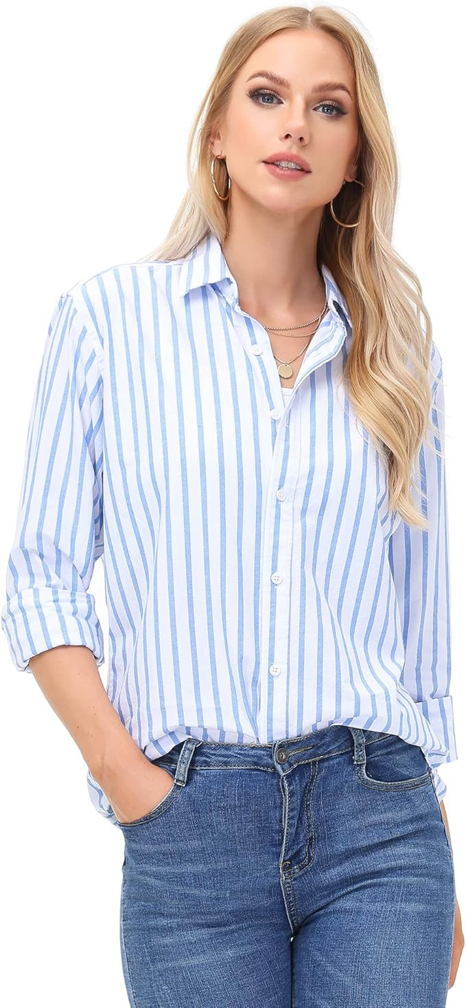 MCEDAR Women's Oxford Button Down Dress Shirt Long Sleeve Oxford Blouse Basic Work Formal Shirt S... | Amazon (US)