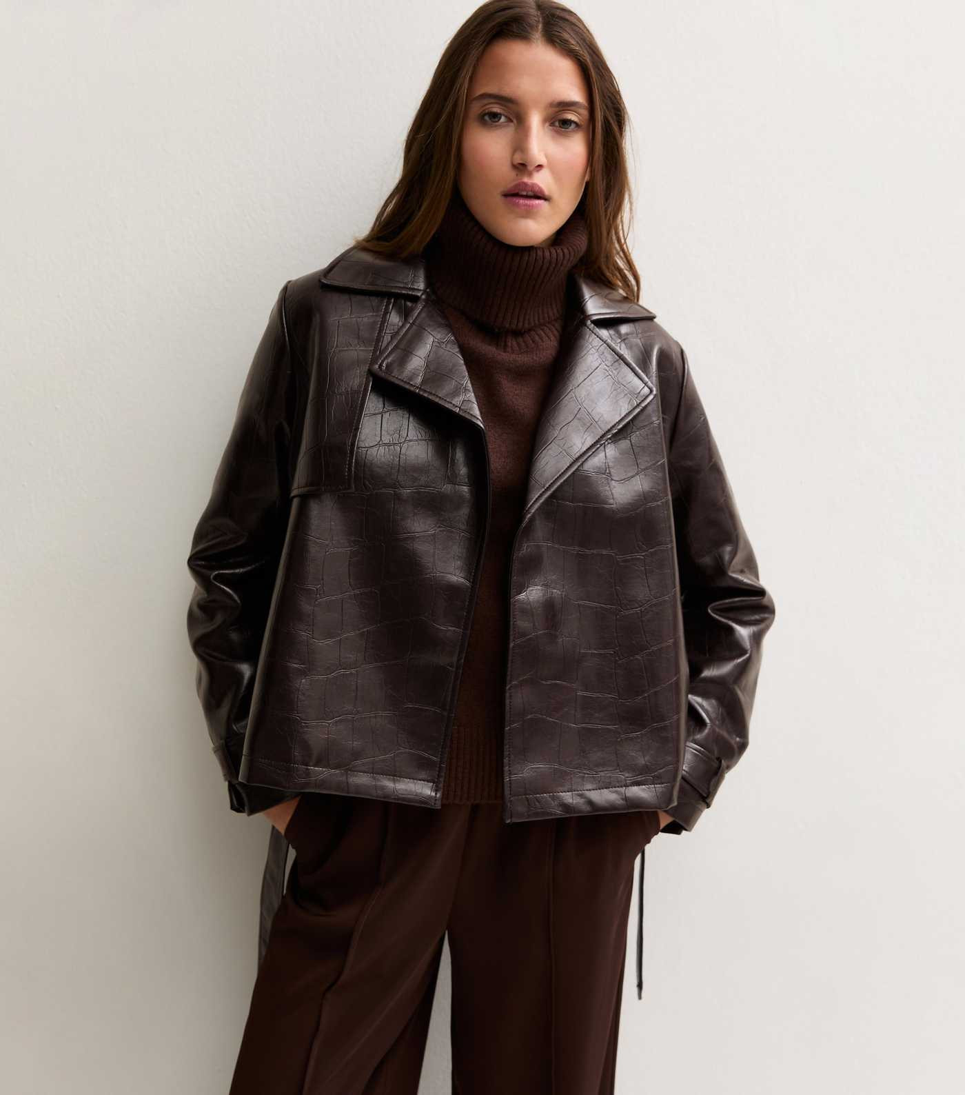 Dark Burgundy Patent Faux Leather Crocodile Embossed Tie Waist Jacket | New Look | New Look (UK)