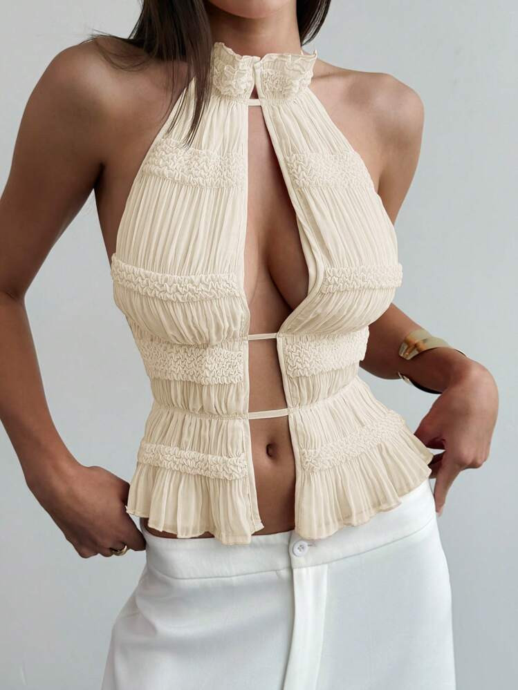 Aloruh New Sexy Open Back Lace-Up Design Sweet Ruffled Jacquard Sexy Slit Pink Halter Halterneck Vest | SHEIN