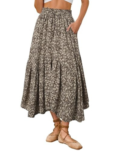 Floral Skirt for Women Casual High Waist Skirts Summer Bohemian Skirt Brown Floral L | Amazon (US)