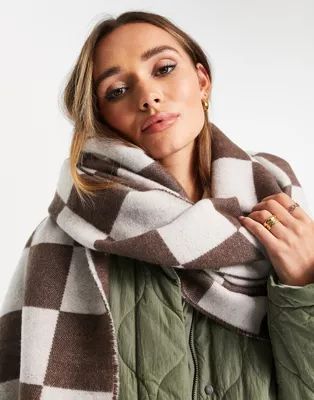 ASOS DESIGN long woven scarf in tonal checkerboard in brown | ASOS (Global)