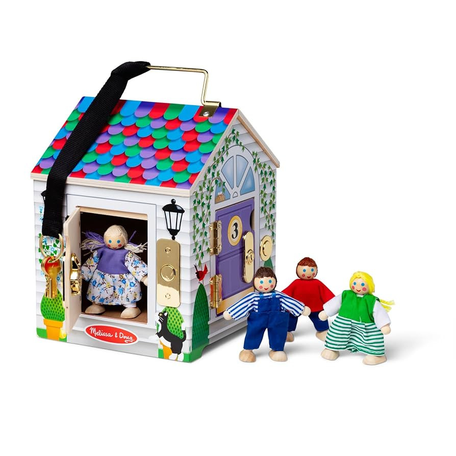 Melissa & Doug Take-Along Wooden Doorbell Dollhouse - Doorbell Sounds, Keys, 4 Poseable Wooden Do... | Amazon (US)