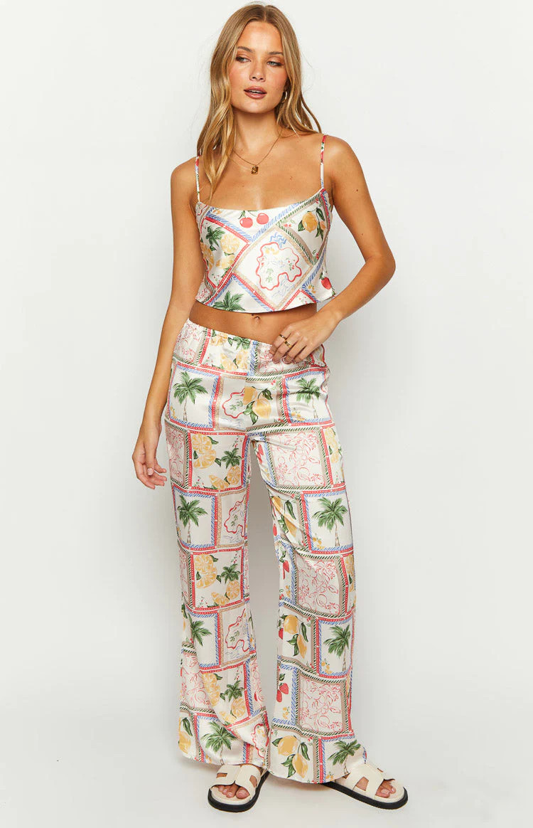 Bridget White Satin Roma Print Pants | Beginning Boutique (US)