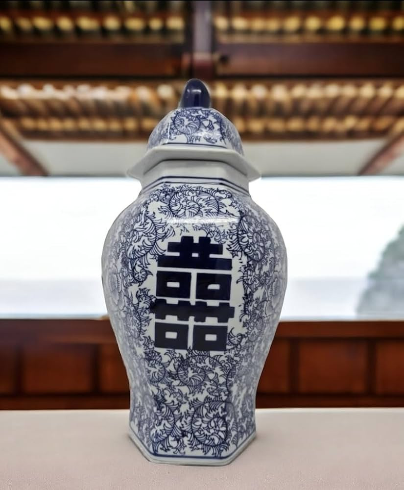 14" Classic Blue and White Porcelain Floral Temple Ginger Jar Vase, China Ming Style, Double Happ... | Amazon (US)