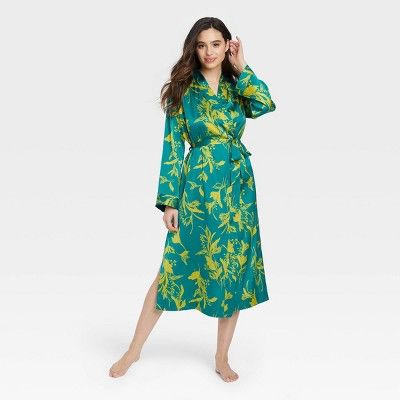 Women&#39;s Floral Print Long Satin Robe - Stars Above&#8482; Green XS/S | Target