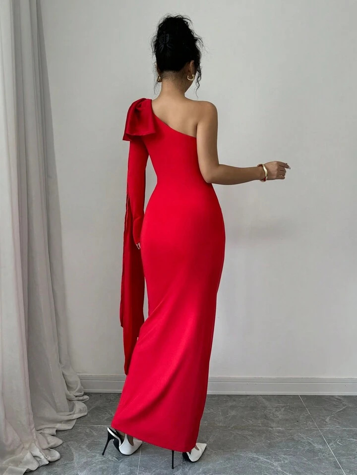 Elenzga Sexy 3D Flower Bow Tie Strap One-Shoulder Long Sleeve Bodycon Slim Waist Dress For Women ... | SHEIN