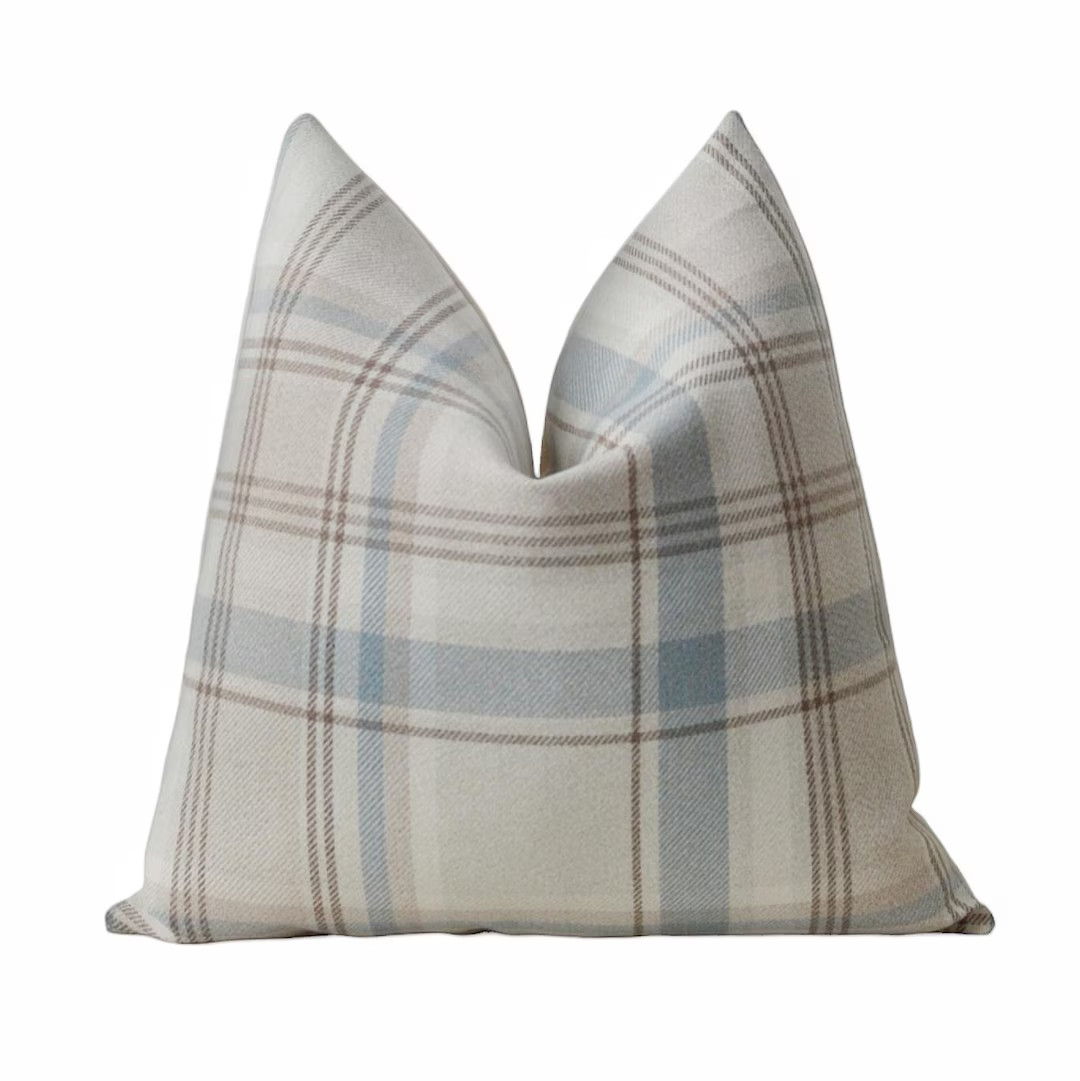 Blue Brown Plaid Pillow Cover - Etsy | Etsy (US)