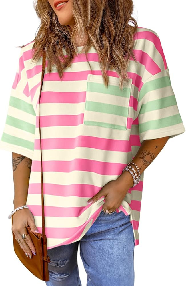 Tankaneo Womens Oversized Color Block Striped Tshirts Summer Casual Short Sleeve Tops Loose Fit C... | Amazon (US)