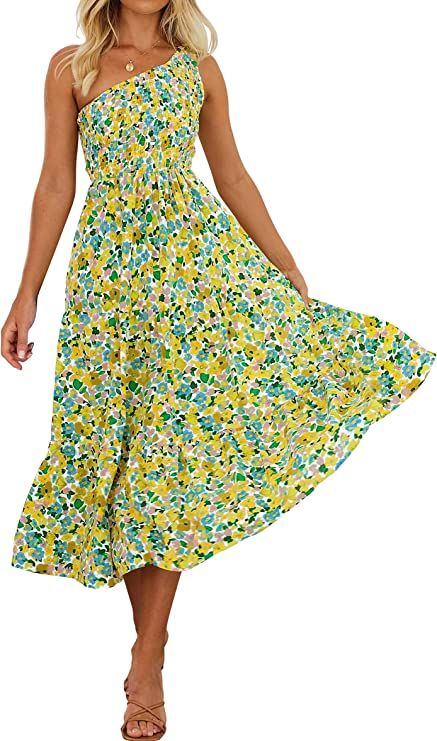 ZESICA Women's Bohemian Summer Floral Print One Shoulder Sleeveless Smocked Ruffle Tiered Beach L... | Amazon (US)