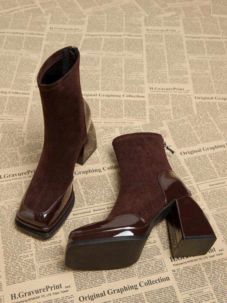 2025 Autumn New Arrivals Waterproof Platform European & American Style Women's Elegant High Heel Boots, Thick Heel Square Toe Nightclub Ankle Boots, Fashion Burgundy Short Boots For Winter | SHEIN