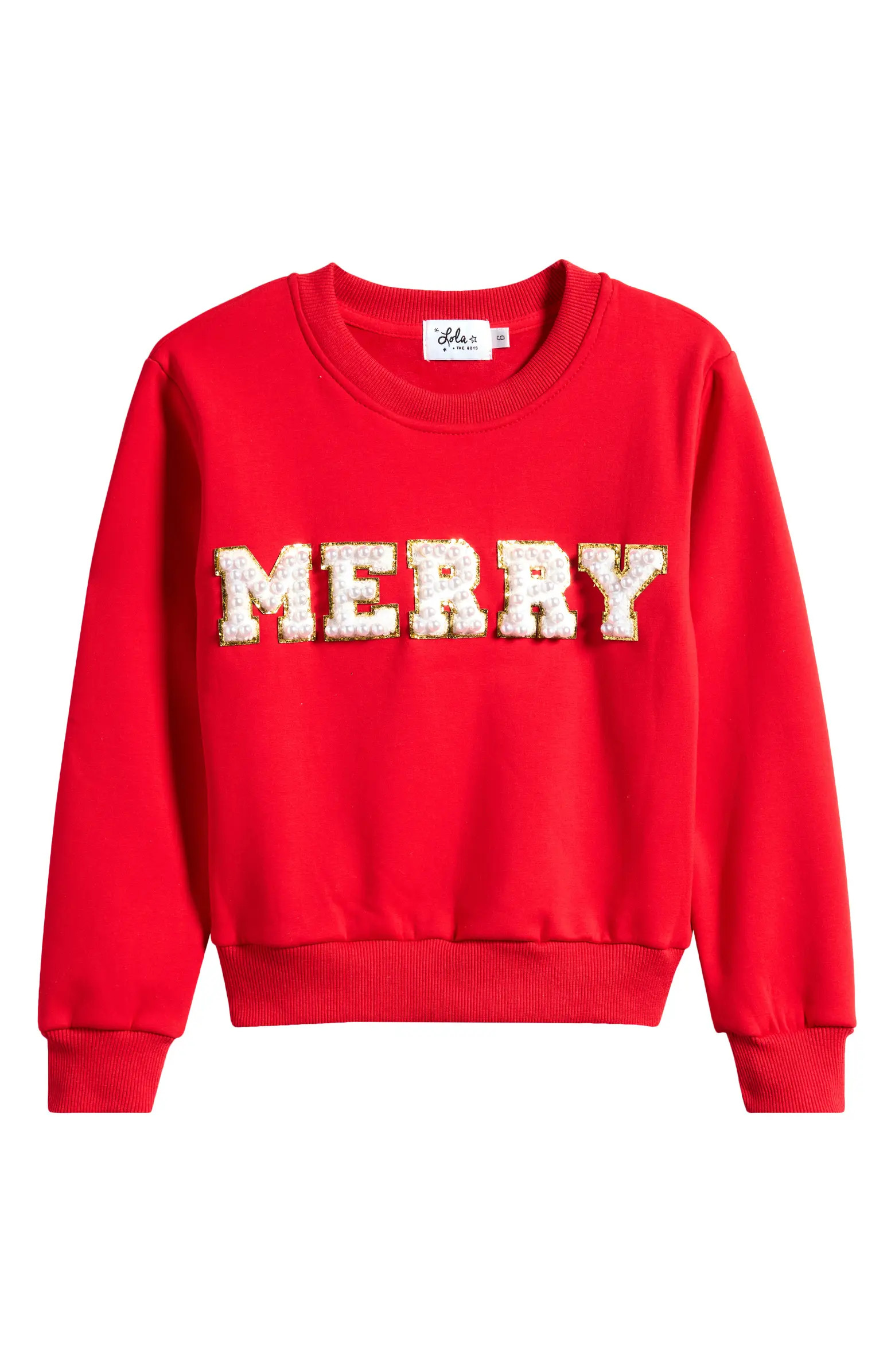 Lola + The Boys Kids' Merry Faux Pearl Accent Holiday Graphic Sweatshirt | Nordstrom | Nordstrom
