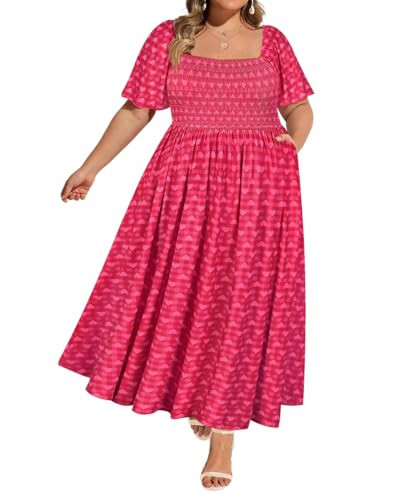RITERA Plus Size Valentine's Dresses for Curvy Women Gingham Square Neck Short Sleeve Spring Wedding Guest Party Dress Pink Heart Smocked Maxi Dress Flowy A Line Sundress with Pockets 3XL 22W 24W | Amazon (US)