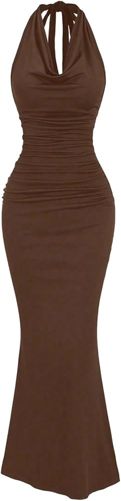 GORGLITTER Women's Halter Tie Maxi Dresses Elegant Classy Backless Cowl Neck Evening Gowns Formal... | Amazon (US)