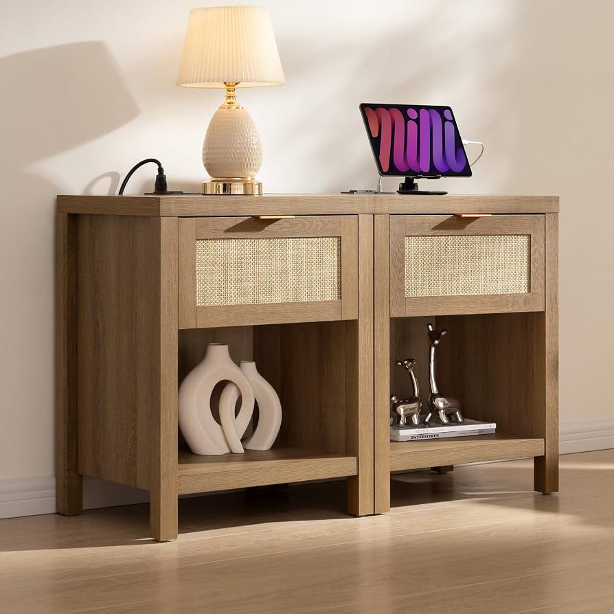 SICOTAS Nightstands Set of 2 with Charging Station Rattan Night Stand with Drawer Boho Bedside Ta... | Amazon (US)