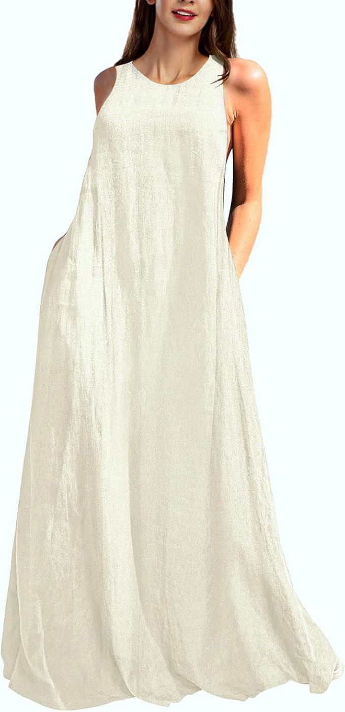 Rainday Women's Linen Dress Sleeveness Loose Dresses Casual Maxi Dress with Pockets | Amazon (US)