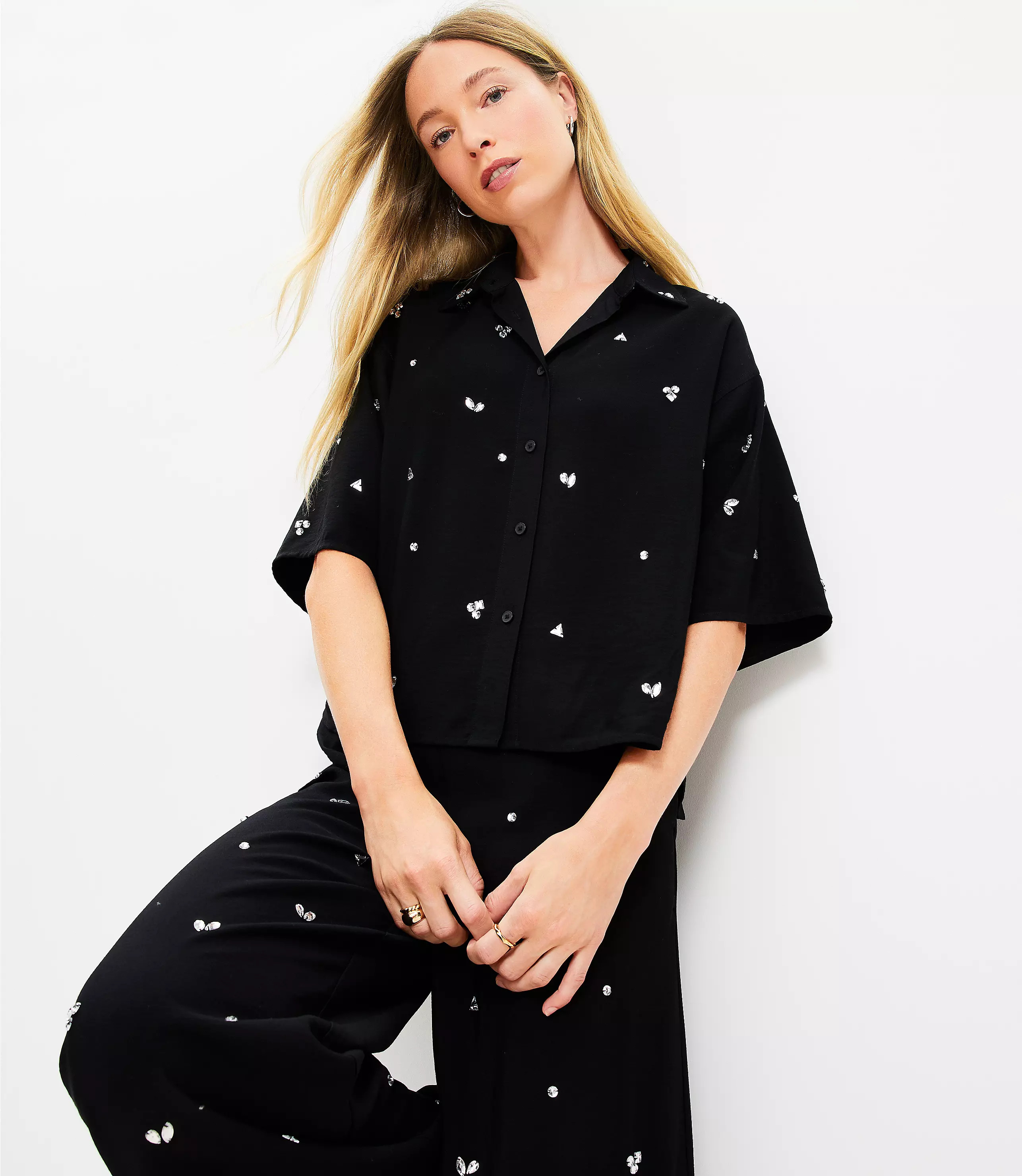 Jeweled Cluster Short Sleeve Shirt | LOFT