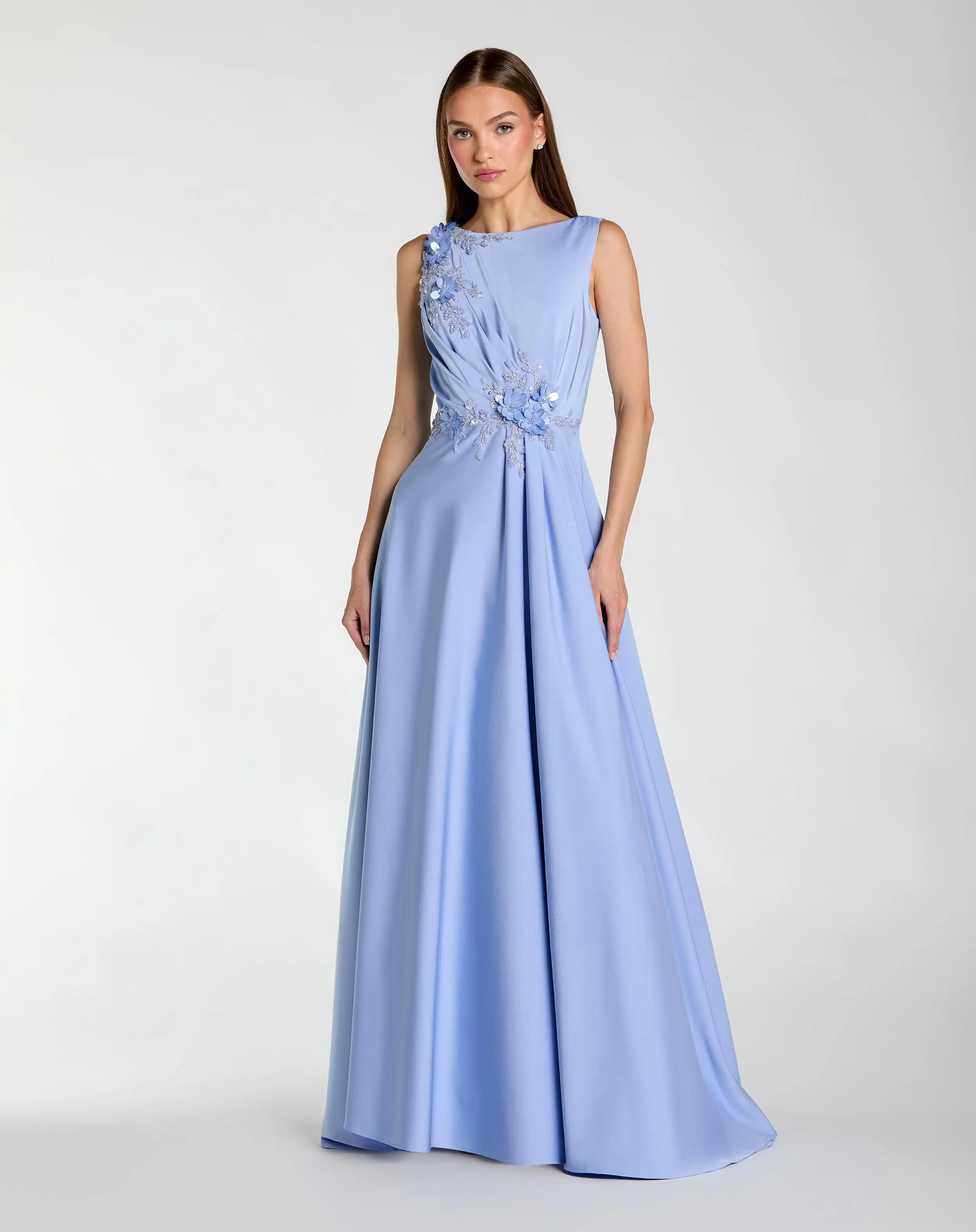 Blue Floral Applique Sleeveless A Line Gown | Mac Duggal | Mac Duggal