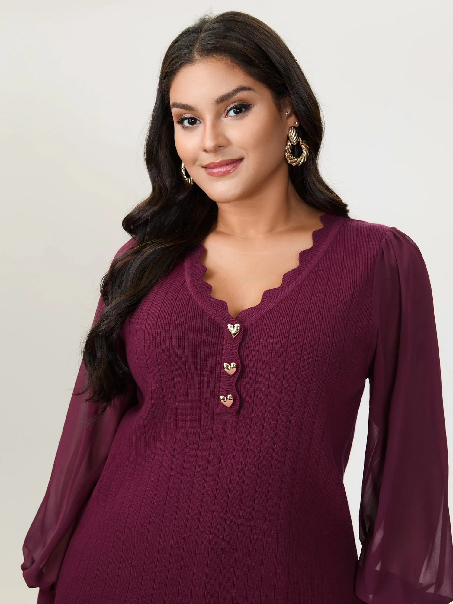 Chiffon Sheer Sleeve Heart Shaped Button Pullover | Bloomchic