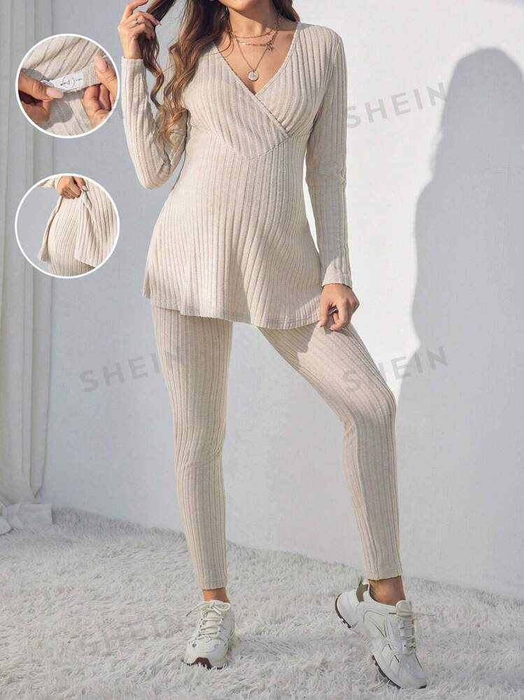 SHEIN 2pcs V-Neck Long Sleeve Ribbed Knit Top And Adjustable Waist Leggings Solid Color Maternity... | SHEIN