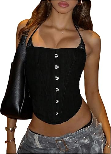 Women's Y2k Lace Trim Halter Corset Top Lace Up Boned Spaghetti Strap Club Rave Tops Night Out Ou... | Amazon (US)